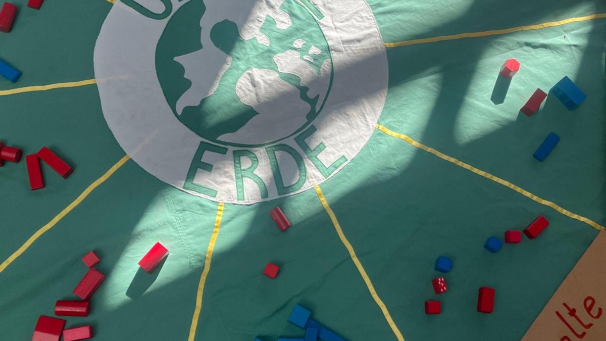 Es gibt mehrere Mitmach-Aktionen in der Ausstellung, u.a. eine Klima-Leiter und eine sogenannte 'Bodenzeitung' (s. Foto).