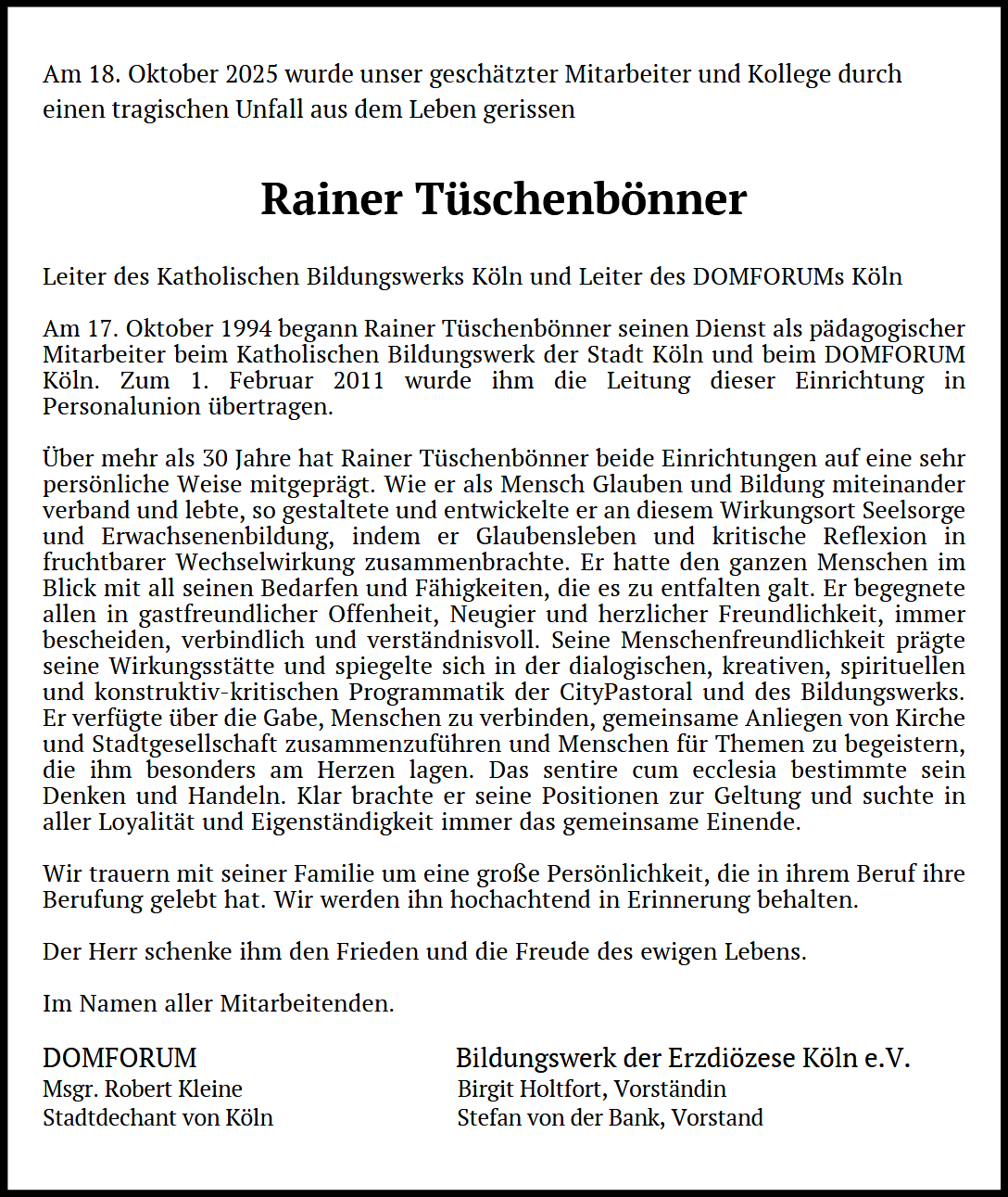 Nachruf Rainer Tüschenbönner