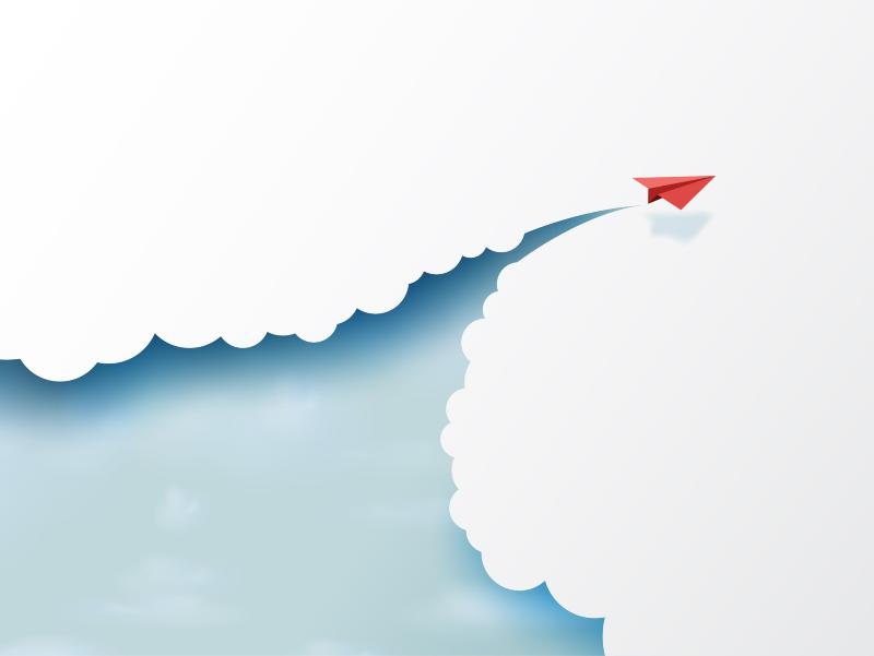 shutterstock_1166656240_Man As Thep_Grafische_Darstellung_Papierflugzeug_über_Wolken_frei