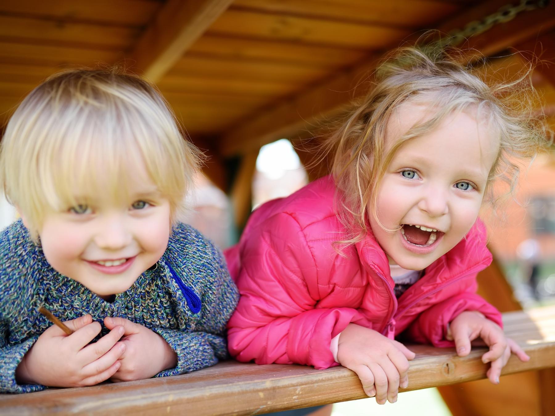 shutterstock_1115172272_Maria Sbytova_Kleinkinder_Mädchen_und_Junge_schauen_glücklich_aus_Holzgerüst_heraus_frei