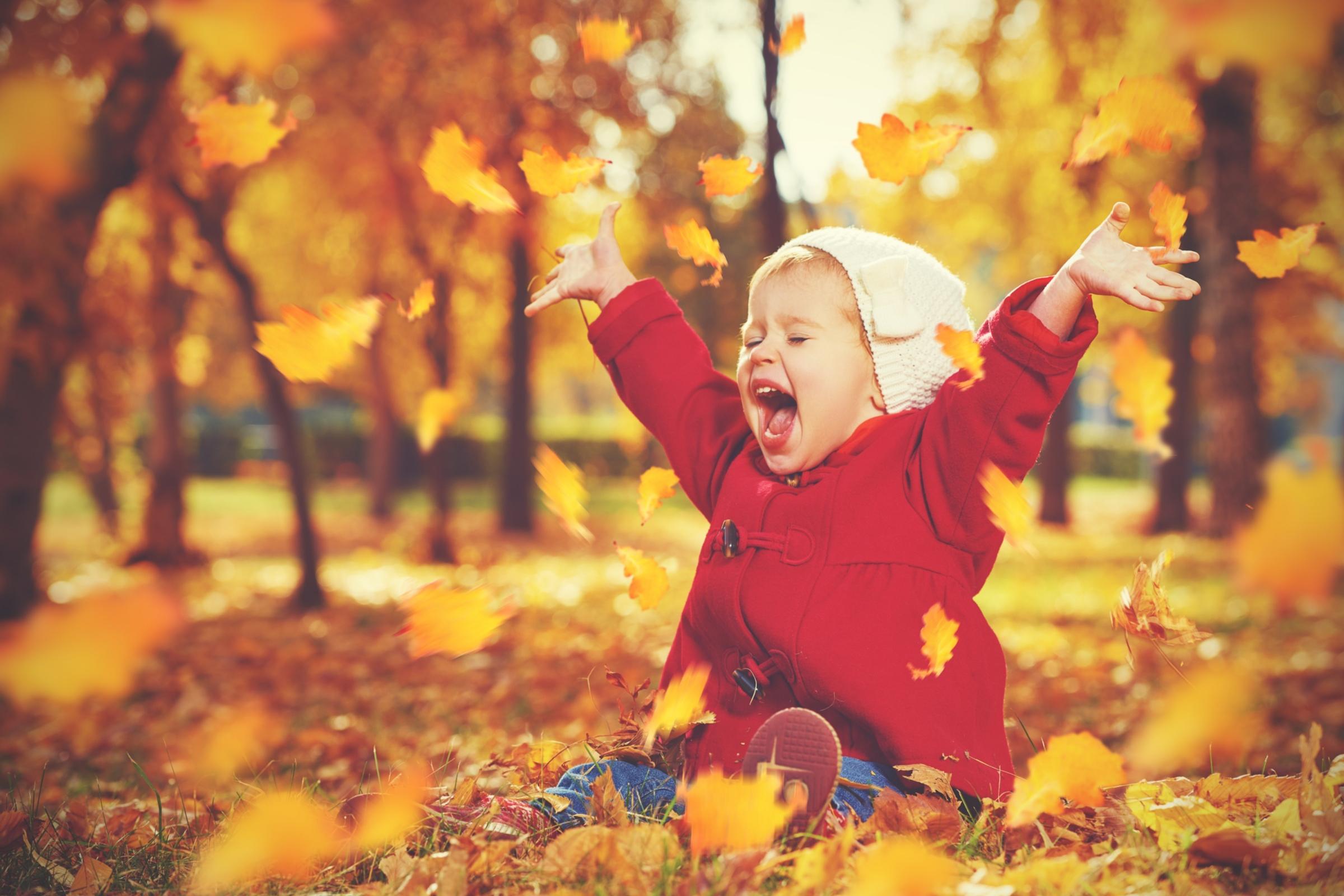 Kleinkind jubelt im Herbstlaub