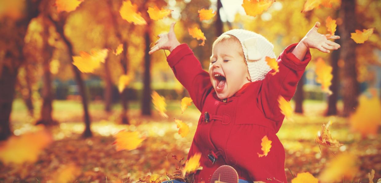 Kleinkind jubelt im Herbstlaub